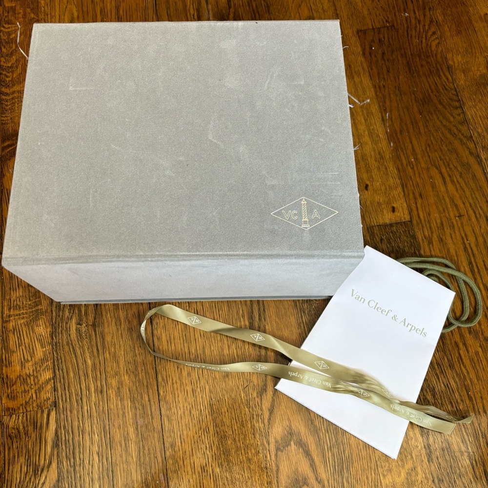 Van Cleef & Arpels Gray Felted Box, Gift Bag, & Ribbon